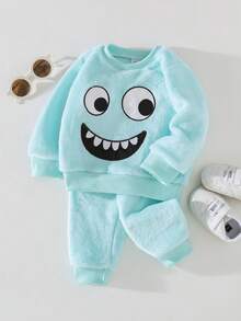 SHEIN Playful Pals 2件組男嬰秋冬抓絨布卡通刺繡圖案圓領長袖純色長褲，極簡風適合外出、休閒、日常運動 - 薄荷綠 - 查看 3