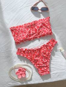 Swim Mod Women's Summer Beach Vacation Style Ditsy Floral Ruched Knot Front Two-Piece Bikini Set - Multicolor - View 2