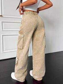 Teen Girls Baggy Wide Leg Jeans,Khaki,Summer,Streetwear,Holiday,Back-To-School Washed Cargo Pants,Low Rise Business Casual Homecoming Fall Clothes - Khaki - View 2