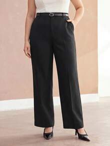 MOTF PREMIUM MODISCHE ELEGANTE DAMENHOSE MIT GÜRTELDEKOR IN GROSSGRÖSSEN, GERADE BEINFORM, HERBST - Schwarz - Übersicht 2