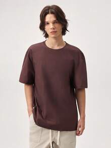 Vaulklash Men's Casual Letter Print Loose Cropped T-Shirt, Summer - Burgundy - View 4