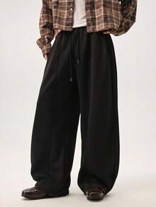 Vaulklash Men Casual Street Cuffed Waist Seam Front Loose Wide Leg Sweatpants Wide Leg - Black - View 1