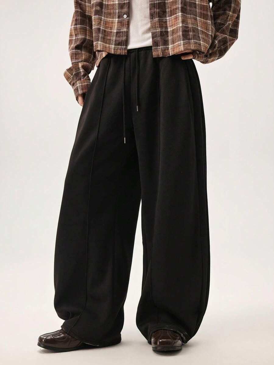 Vaulklash Men Casual Street Cuffed Waist Seam Front Loose Wide Leg Sweatpants Wide Leg - Black - View 1