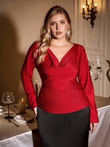 Auralis Plus Size Elegant Ladies Dress, Party Blouse, Red Long Sleeve Blouse, Elegant Swing Collar Ladies Dress, Long Sleeve Ladies Dress, Red Blouse, Christmas, Party Ladies Dress - Red - View 3