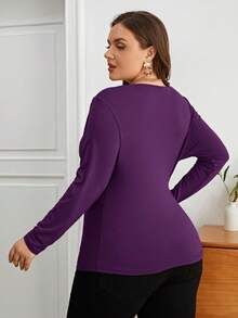 SHEIN Privé Plus Size Women's Solid Color Boat Neck Long Sleeve Ruched Fitted T-Shirt - Purple - View 2