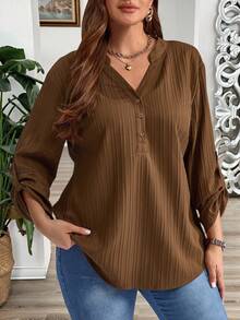 EMERY ROSE Plus Size Solid Color Notched Neck Roll Up Sleeve Casual Blouse ,,Spring/Summer/Vacation Blusinhas Femininas Elegante Fall - Coffee Brown - View 9