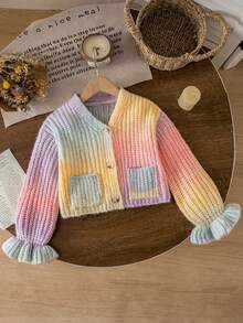 SHEIN 少女針織漸層V領泡泡袖寬鬆休閒開襟衫 - 粉色 - 查看 8