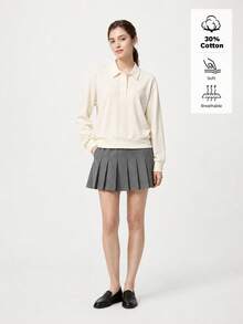 SHEIN BASICS Women's Cream White Polo Collar Long Sleeve Casual Top Cotton Going Out Everyday Travel Everyday Home School Graduation College Outfits Autumn - Light Yellow - View 8