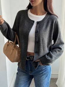 DAZY Cardigan Rajut Wanita Warna Polos Longgar Leher Bulat Lengan Panjang Kasual Streetwear untuk Liburan Musim Semi Musim Gugur - Grey - View 5