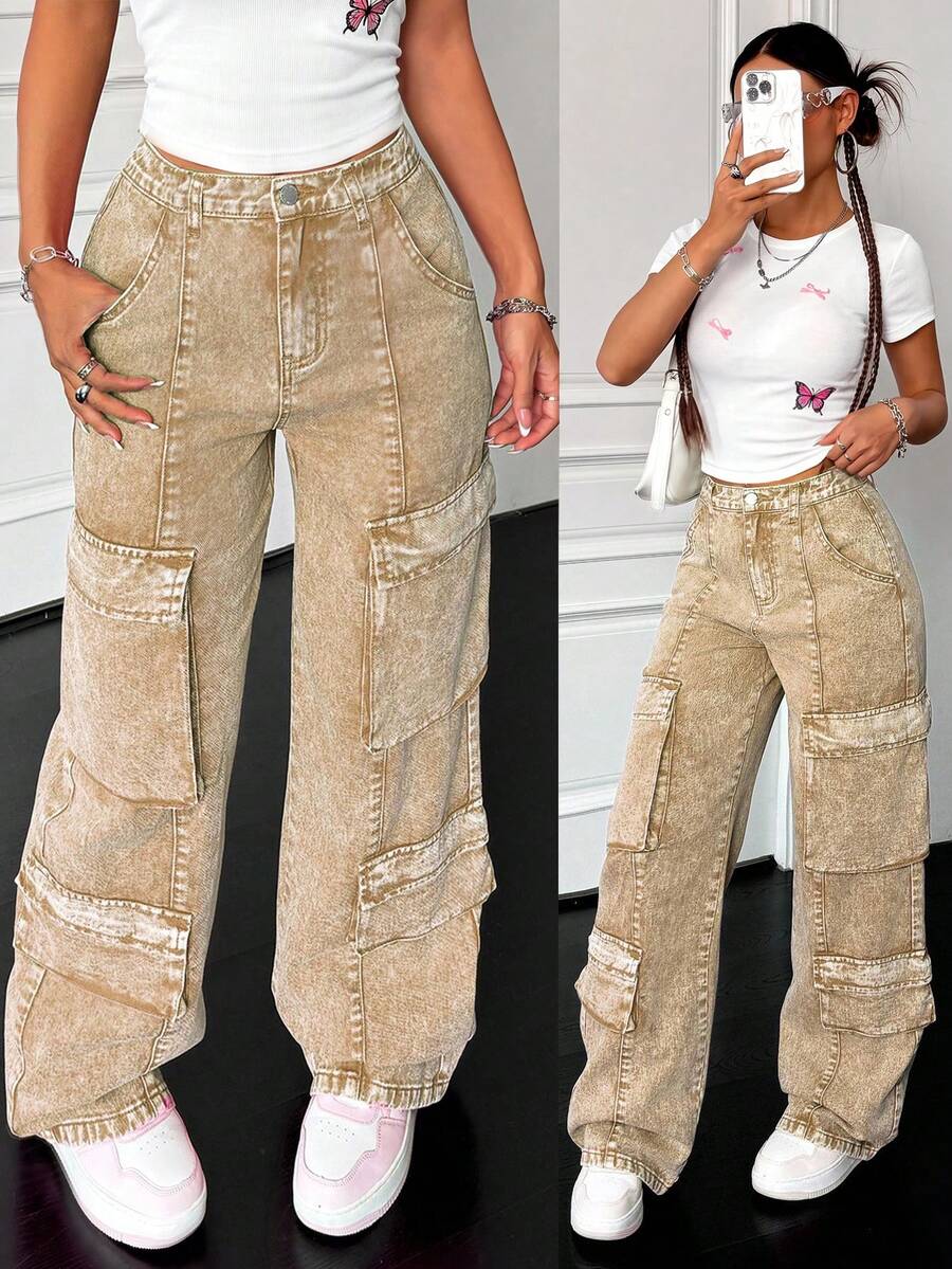 Teen Girls Baggy Wide Leg Jeans,Khaki,Summer,Streetwear,Holiday,Back-To-School Washed Cargo Pants,Low Rise Business Casual Homecoming Fall Clothes - Khaki - View 1