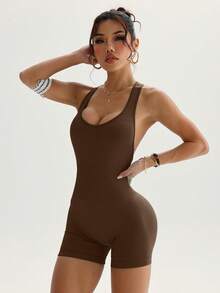 Slayform Slayform Rompi Olahraga Tanpa Lengan Wanita Warna Polos dengan Detail Silang di Bagian Belakang - Coklat - View 6