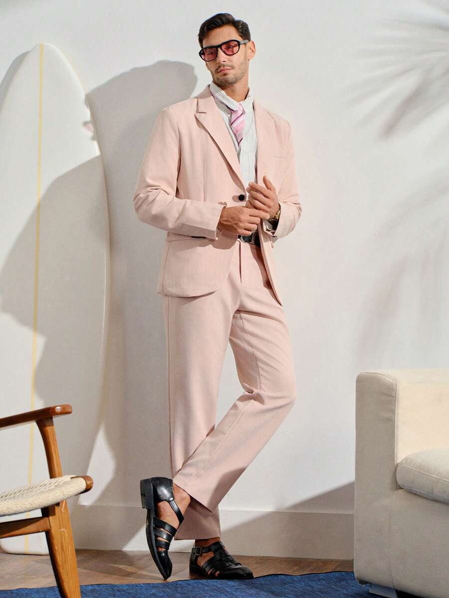 VeloEdit Men's Solid Color Lapel Neck Long Sleeve Suit Jacket And Trousers Business Casual 2 Pieces Set, Spring And Autumn WeddingFall Winter Formal Commute Old Money - Pink - View 1