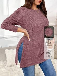 SHEIN Frenchy Plus Size Casual Solid Color Split Hem Long Sleeve T-Shirt, Autumn Fall - Pink - View 7