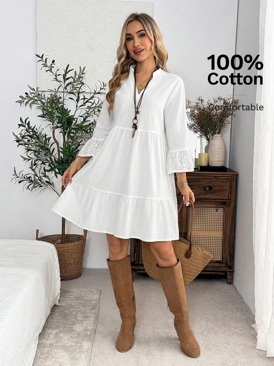 EMERY ROSE Women's V-Neck Pleated Panel Casual Everyday Short Dress Cotton-Linen Blend - White - View 1