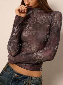 Freevana Boho Vintage Paisley Print See Through Mesh Long Sleeve Turtleneck Bodycon Layering Top For Women - Mocha Brown - View 3
