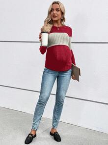 SHEIN Maternity Casual Color Block Spring/Autumn Long Sleeve Round Neck Nursing Top Long T-Shirt Fall - Red - View 7