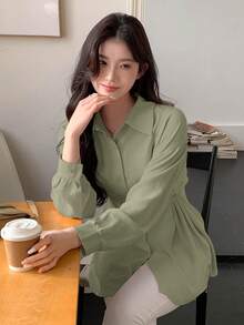 DAZY Women Solid Color Simple Pleated Long Sleeve Spring/Summer Shirt Easter - Green - View 4