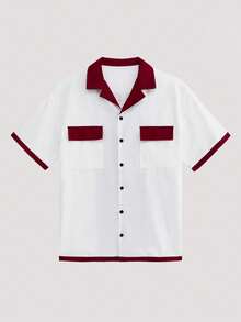 Whitmere Men's Red & White Contrast Pattern Shirt, College Style Letter Print Short Sleeve Button-Down Shirt, Retro Sporty Loose Fit Top - Multicolor - View 5