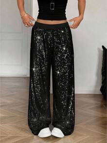 SHEIN Tween Girl Sequin Panel Elastic Waist Casual Loose Fit Pants Sequin Pants Fall Winter - Black - View 1