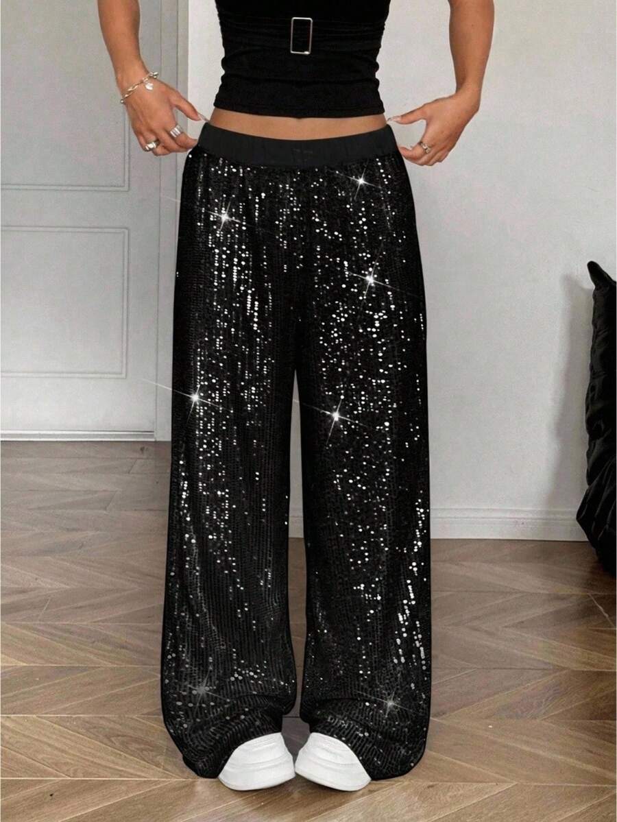 SHEIN Tween Girl Sequin Panel Elastic Waist Casual Loose Fit Pants Sequin Pants Fall Winter - Black - View 1