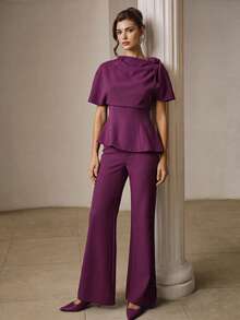 ZEYLAH Women's Solid Color Top And Pants Casual Daily Set - Red Violet - View 4
