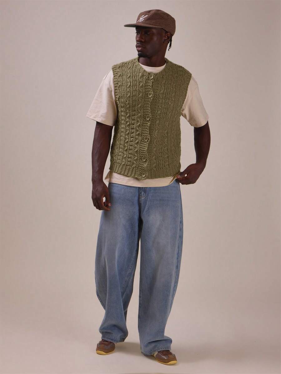 Musero Weave Knit Sleevelss Vest Cardigan Button Up Closure Spring Summer Essentials - Dark Green - View 1