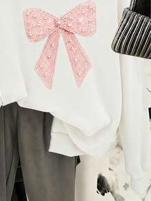 Tween Girl Bow Pattern Casual Daily Wear Hooded Sweatshirt - White - View 7