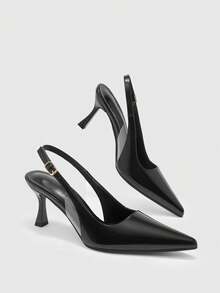 CUCCOO BIZCHIC New Pointed Thin High Heel Black Glossy Buckle Rear Strap Slingback Women's High Heel Shoes Fashionable And Simple Daily Commute To Work Profession Fall Shoes - Black - View 5