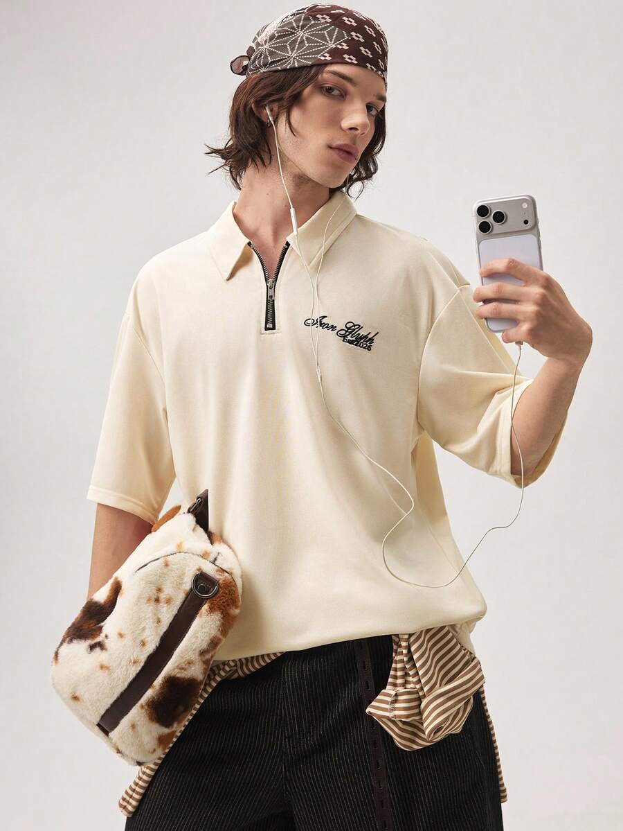 Vaulklash Men's Business Casual Half Zipper Placket Embroidery Letter Pattern Polo Shirt, Ceremony - Apricot - View 1
