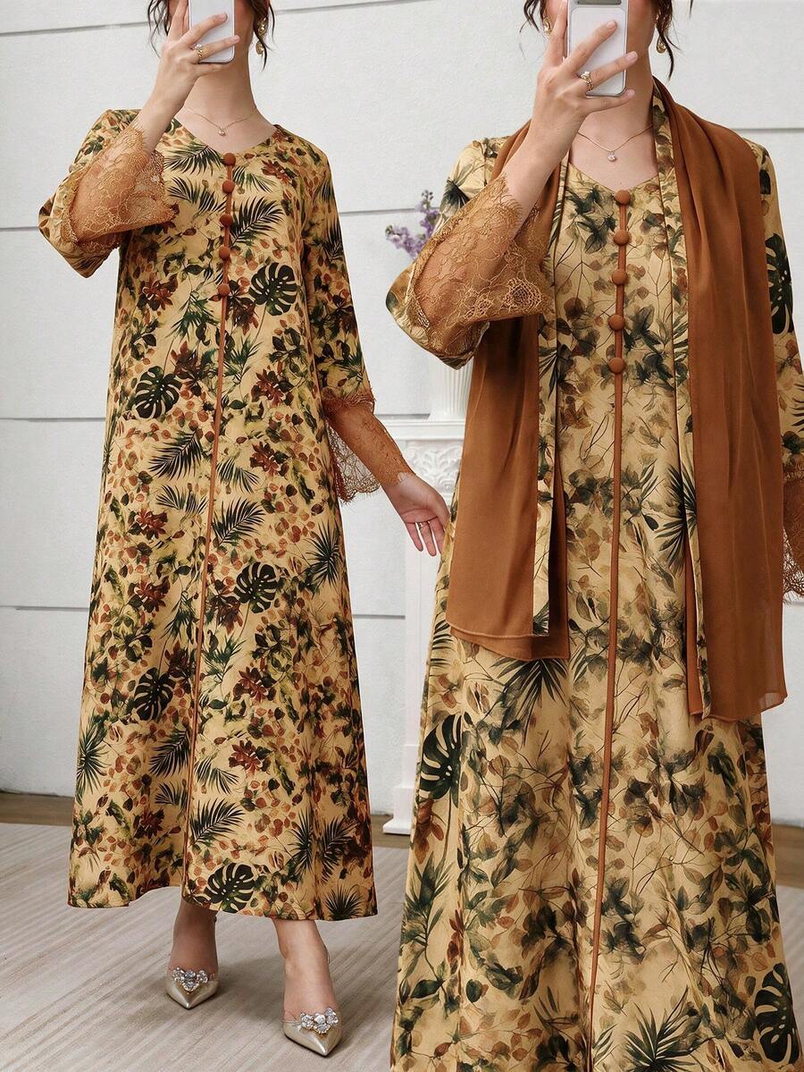 Yasmyna V領蕾絲袖口熱帶花卉印花阿拉伯風洋裝附希賈布 - 棕色 - 查看 1