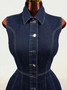 Mistrie Women's Outdoor Fashion Commute Button-Up Pleated All-Season Deep Blue Raw Denim Dress - Dark Wash - View 5