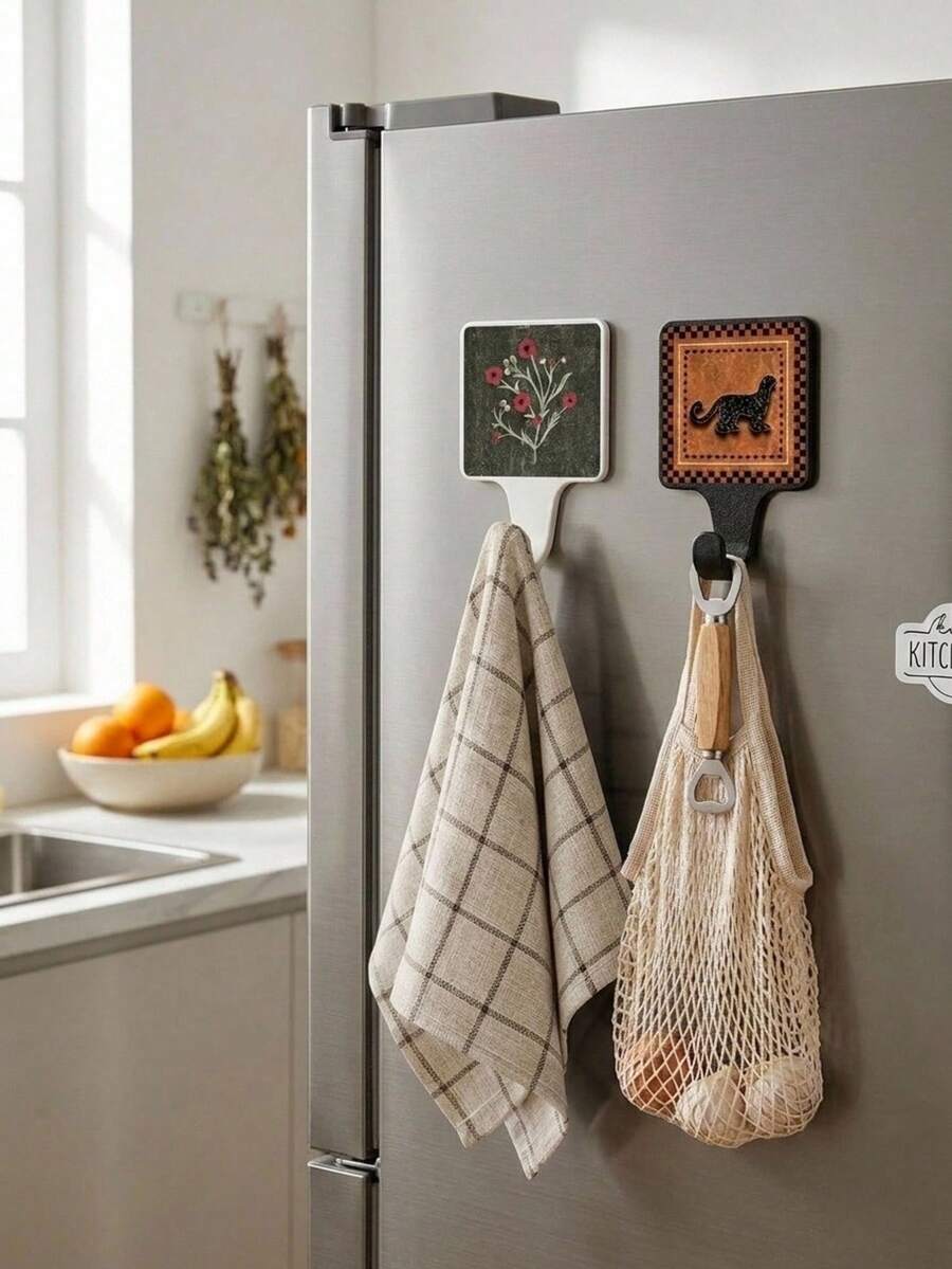 Cirelle 1pc Magnetic Hook For Refrigerator & Door, Decorative Vintage Art Print Square Magnetic Wall Hooks, Magnet Key Holder & Towel Hanger For Fridge, Locker & Entryway Decor - Multicolor - View 1