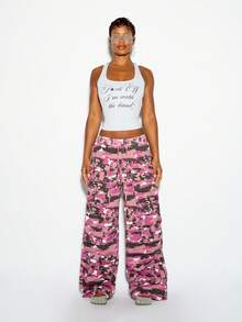 SUMWON WOMEN Wide Leg Cargo Pants With Pink Camouflage Print Low Rise Drawstring Waist Multi Pocket Utility Style Full Length - Purple - View 4