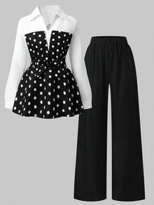 SHEIN 2件套：青少年女孩白色+波點拼接翻領長袖上衣，收腰設計修飾身形，搭配黑色鬆緊腰寬腿褲。面料垂墜順滑，簡約通勤風，適合日常上學與外出 - 黑色 - 查看 3