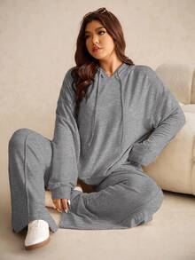 Elaquor Plus Size Solid Color Hooded Neck Long Sleeve Top And Pants Casual 2 Pieces Set Fall - Grey - View 3