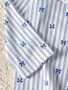 Fresh Blue & White Vertical Striped Girls' Ruffle Trim Round Neck Ditsy Floral Long Sleeve Loose Fit Loungewear, Spring/Autumn - Multicolor - View 6