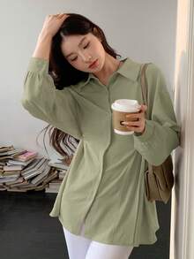 DAZY Women Solid Color Simple Pleated Long Sleeve Spring/Summer Shirt Easter - Green - View 3