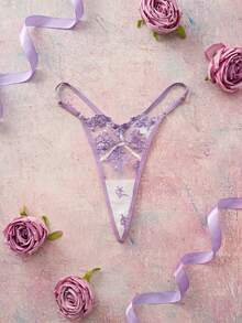 Elorette Purple Embroidered Floral Pattern Exquisite Romantic Women's T-Back Panties - Mauve Purple - View 1