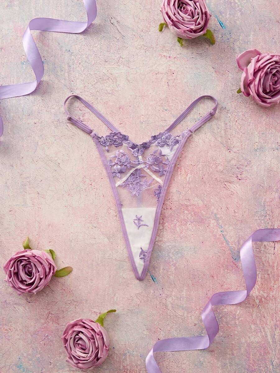 Elorette Purple Embroidered Floral Pattern Exquisite Romantic Women's T-Back Panties - Mauve Purple - View 1
