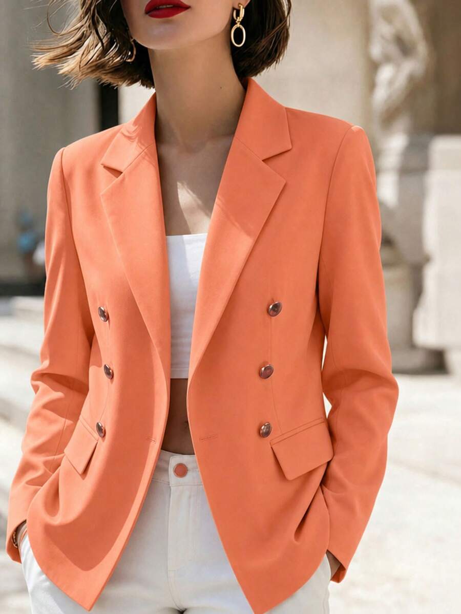 SHEIN Women's Solid Color Lapel NeckLong Sleeve Double-Breasted Casual Blazer, Autumn - Coral Orange - View 1