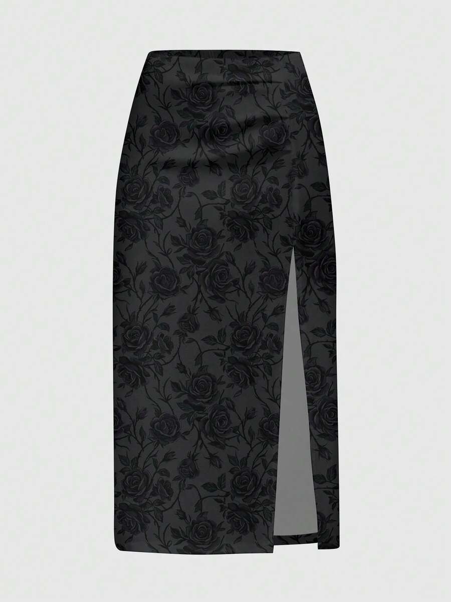 ROMWE Fairycore Falda de mujer con abertura alta estilo Mori floral con rosas - Negro - Ver 1