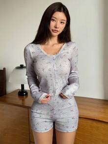 DAZY Lace Patchwork Ditsy Floral Fitted Pajama Set, Fall Winter Clothes - Grey - View 5