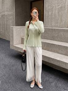 Zaforene Women's Solid Color Long Sleeve Single-Breasted Casual Top Office Sage Green Fall - Green - View 1