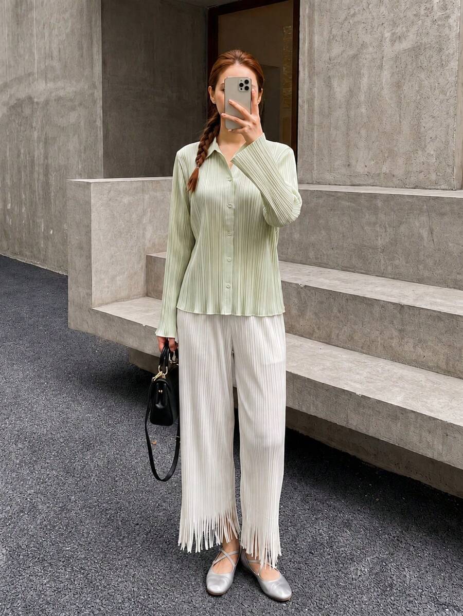 Zaforene Women's Solid Color Long Sleeve Single-Breasted Casual Top Office Sage Green Fall - Green - View 1