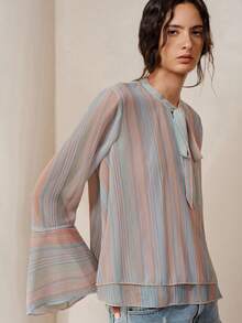 Frievida Elegant French Vintage Commuter Casual Striped Bell Sleeve Women's Blouse Office Dusty Pink Autumn - Multicolor - View 3