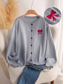 CosyJoli Cárdigan de manga larga con lazo bordado y abotonadura sencilla para mujer de talla grande en otoño/invierno - Gris - Ver 8