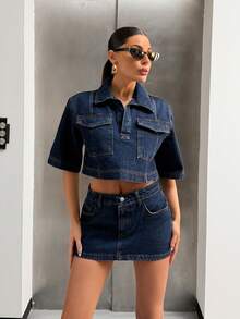 SHEIN Tall Casual Style Dark Blue Wash Regular Fit Front Crop Shirt And Mini Skirt Two Pieces Denim Set - Dark Wash - View 3