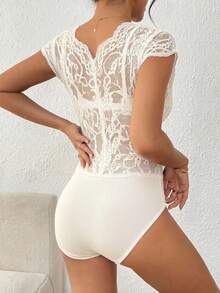 Bluhae Women's Minimalist Commuting Contrast Lace Bodysuit - Beige - View 2