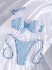 Swim SXY 夏季新品 INS 性感綁帶三角比基尼，美人魚貝殼包，螢光淺藍色 2 件式泳裝配珍珠飾品，海洋度假海灘比基尼套裝，甜美女孩水療海灘度假泳裝，生日派對度假海灘比基尼 - 淺藍色 - 查看 4