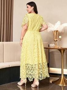 Reflora 大尺碼優雅純色蕾絲洋裝，適合婚禮正式場合、洗禮賓客，黃色夏季款 - 黃色 - 查看 7